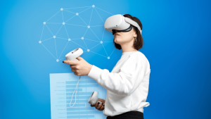 Woman with VR set and with a report on the background